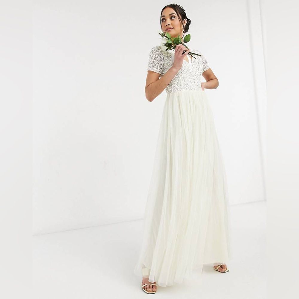 ASOS Maya Deluxe V Neck Maxi Tulle Dress Sequin Size 6